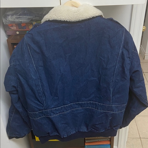 Vintage 1980’s Dual Control Denim Navy Sherpa Collar Bomber Jacket - Picture 2 of 12